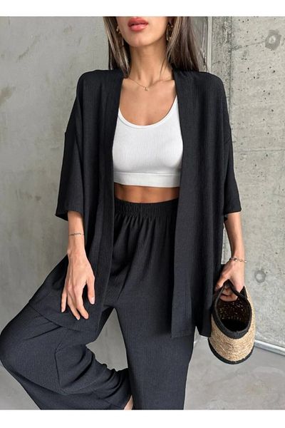 LEONE KOLEKSİYON Women's Comfortable Fit Kimono Suit Wide Leg Summer Suit Wrinkled Fabric