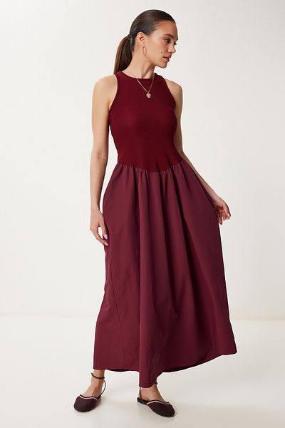 Lovelyİstanbul Rochie tricotată cu fustă din poplin Roșu Claret Lpb0002