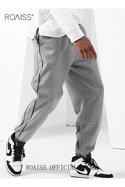 ROAISS Men's Casual Sports Trousers Slim Stitching Simple Solid Color Elastic Waistband Spring and Autumn