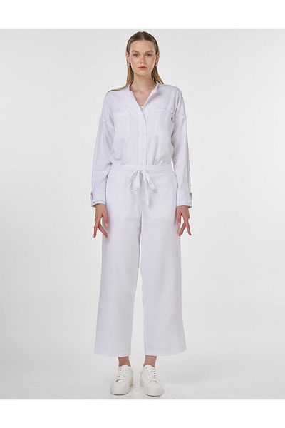 Kayra Linen Blended Carrot Trousers Optical White