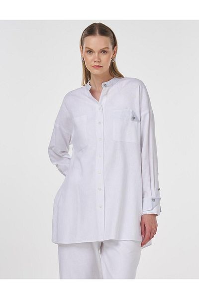Kayra Linen Blended Judge Collar Tunic Optical White