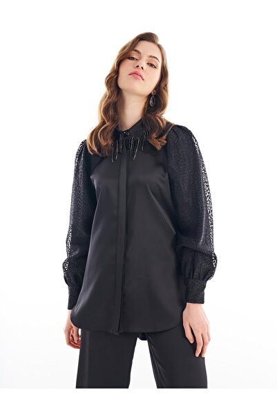 Kayra Yakası Boncuk Işlemeli Balon Kol Bluz Siyah