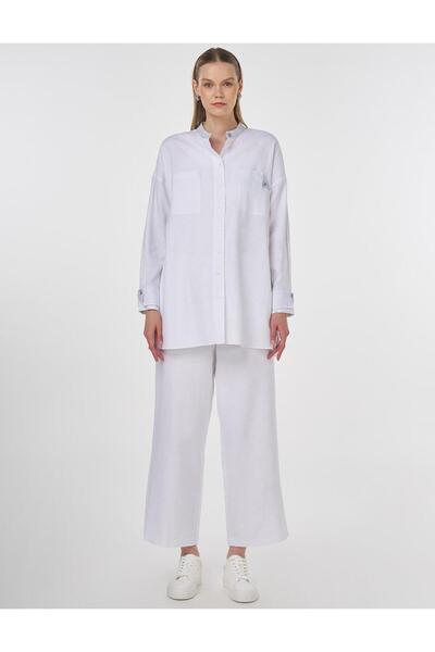 Kayra Judge Collar Linen Viscose Tunic Optical White