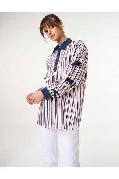 Kayra Bow Detailed Stripe Pattern Tunic Navy Blue