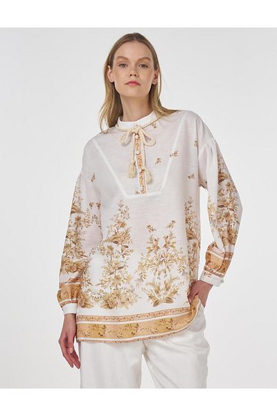 Kayra Bluză cu șireturi cu model floral Ecru