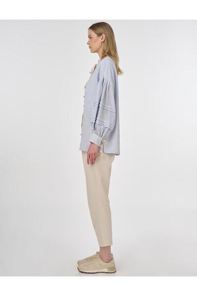 Kayra Nervür Dikişli Hakim Yaka Bluz Mavi