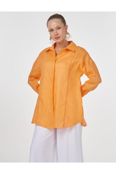 Kayra Stripe Scalloped Linen Tunic Peach