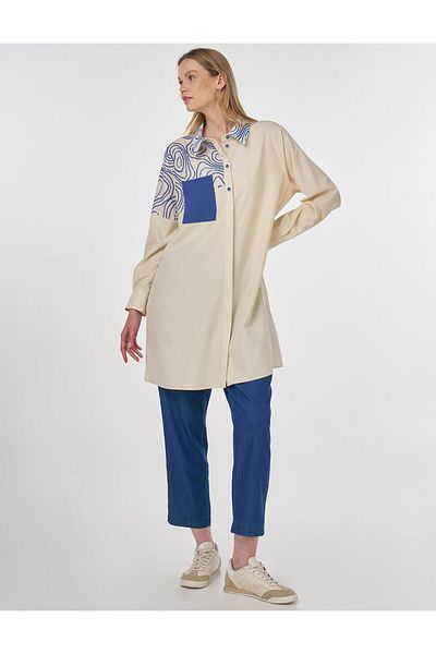 Kayra Print Detailed Shirt Collar Tunic Cream