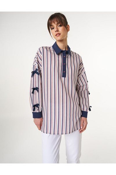 Kayra Bow Detailed Stripe Pattern Tunic Navy Blue
