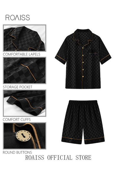 ROAISS 3-piece Set Men's Short Sleeves Pajamas Pants Trousers Sleepwear Sets Satin Grid Printing Silk Night