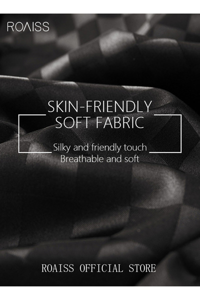 ROAISS 3-piece Set Men's Short Sleeves Pajamas Pants Trousers Sleepwear Sets Satin Grid Printing Silk Night