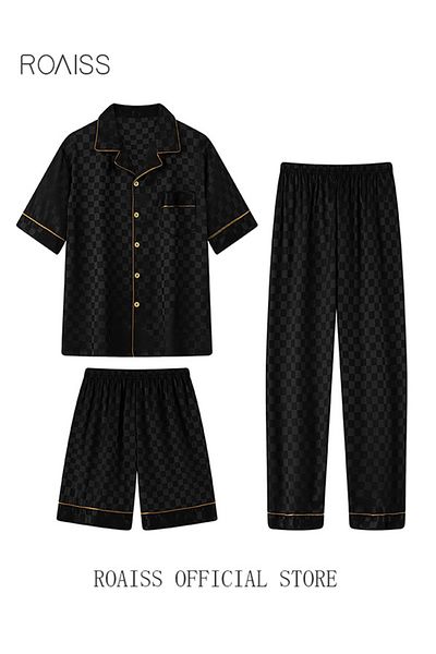 ROAISS 3-piece Set Men's Short Sleeves Pajamas Pants Trousers Sleepwear Sets Satin Grid Printing Silk Night