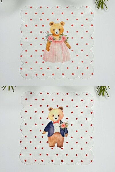 Genel Markalar Sulu Boya Teddy Gelin Damat Tasarım Lazer Kesim Kokteyl Peçeteleri 2 Adet