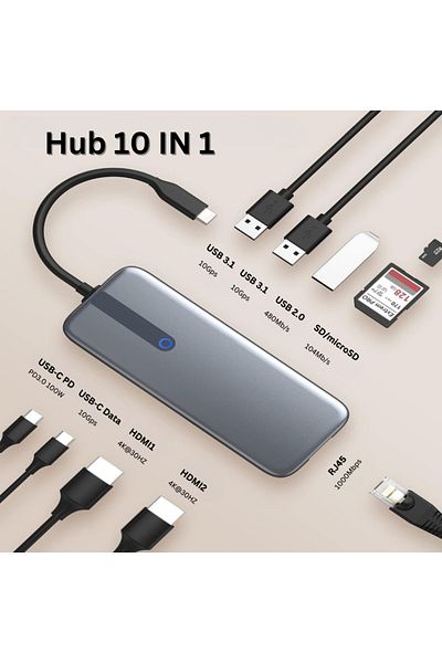 Velixo Hub USB-C 10-în-1: 2x USB-A 3.1, 2x HDMI 4k\@30hz, USB-C, Ethernet RJ45, 87w Pd, cititor SD/micro SD