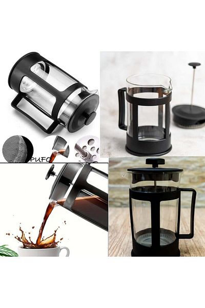 PUFO Fierbător modern din sticlă cu infuzor, mâner și sită French Press, 600 ml