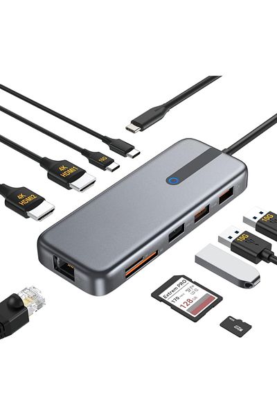 Velixo Hub USB-C 10-în-1: 2x USB-A 3.1, 2x HDMI 4k\@30hz, USB-C, Ethernet RJ45, 87w Pd, cititor SD/micro SD