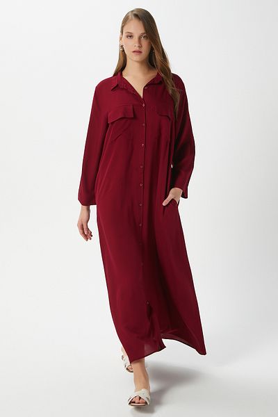 Ritnice Prive Women's Plain Claret Red 100% Viscose Maxi Length Summer Long Dress with Pockets