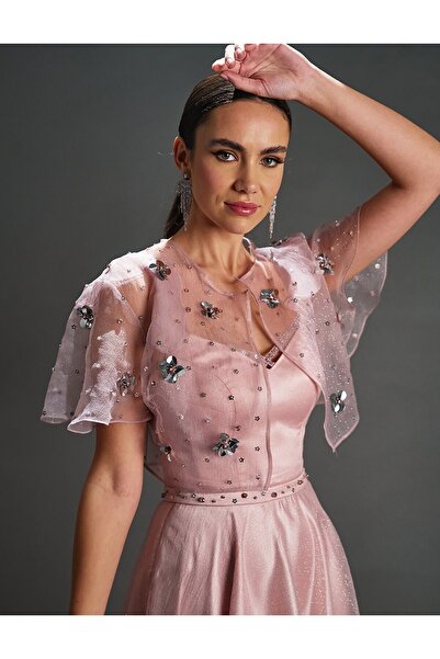 Kayra Powder Colored Organza Glittery Evening Dress with Bolero