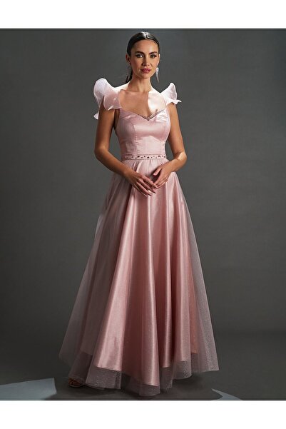 Kayra Powder Colored Organza Glittery Evening Dress with Bolero