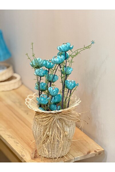 Maison Avf Set of 2 Rattan Handmade Vase & Blue Poppy