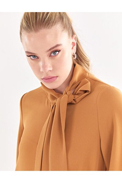 Kayra Camel Color Shawl Collar Bat Sleeve Wear-Off