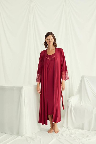MONAMİSE Low-Cut Collar and Sleeve Lace Dressing Gown Set