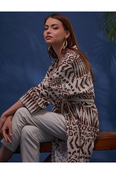 Kayra Ethnic Patterned Kimono Brown
