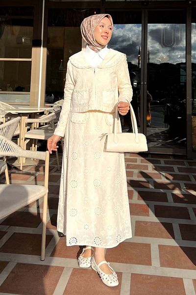 benguen Hijab Top - Bottom Set - Cream - Regular fit