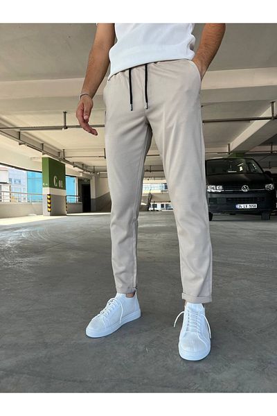 moda biz Ανδρικό παντελόνι Jogger με μπεζ μέση με κορδόνια ελαστική λεπτή εφαρμογή casual κοπής με τσέπες