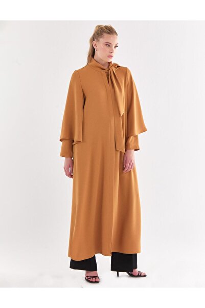 Kayra Camel Color Shawl Collar Bat Sleeve Wear-Off