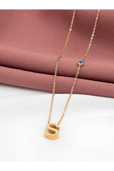 Siya Silver Nazar Boncuklu Harfli Çelik Kolye - Gold Renk