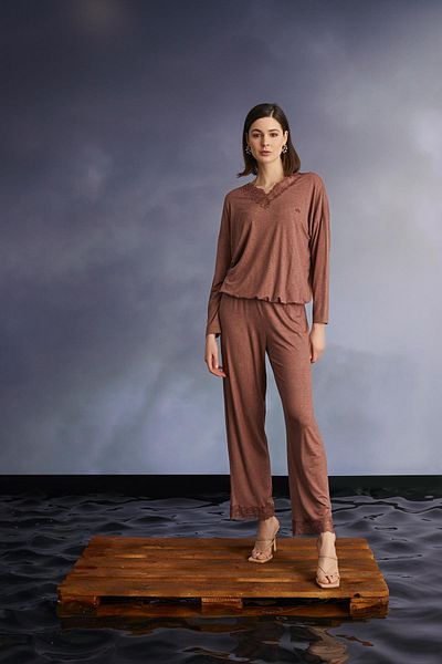 MONAMİSE Lace Collar Embroidered Pajama Set