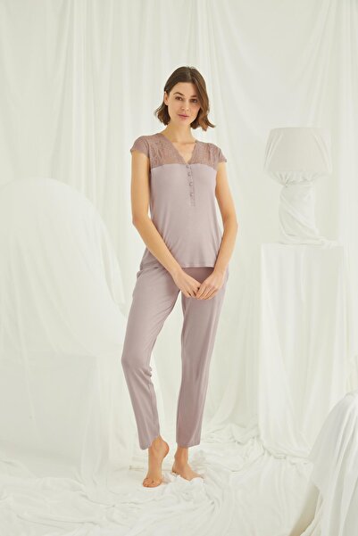MONAMİSE Women's Mink Pajama Set with Lace on the Collar, Sleeves, and Shoulders, Buttoned Front
