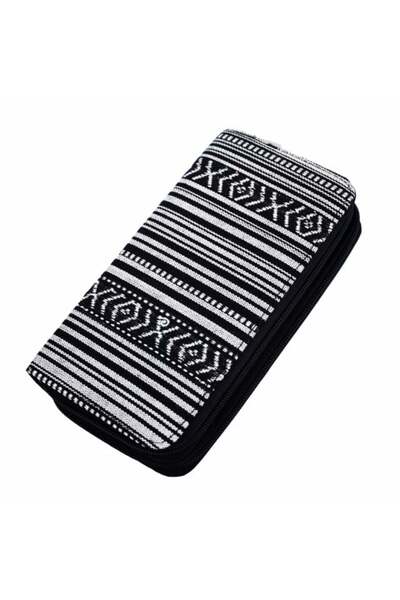 PUFO Women's double textile wallet, Pufo Black Lines, with zipper, 20 x 12 cm, black