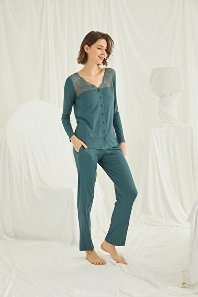 MONAMİSE Комплект пижама с дантелен яка и рамене, с копчета по цялата дължина