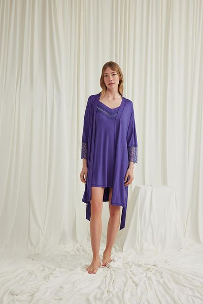 MONAMİSE Low-Cut Collar and Sleeve Lace Dressing Gown Set