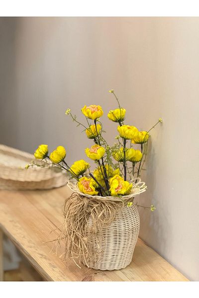 Maison Avf Set of 2 Rattan Handmade Vase & Yellow Poppy