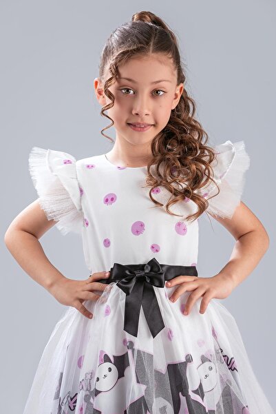 Minik Dolap Kuromi ve My Melody Desenli Siyah Tüllü Kız Çocuk Parti Elbisesi - Beyaz