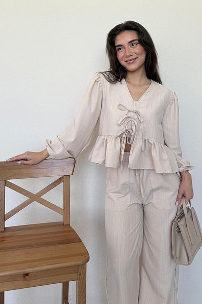 Madmext Beige Tie Front Blouse Pants Set Mg2343