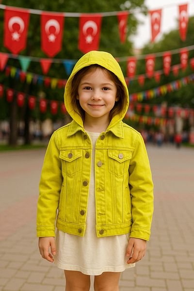 Hilal Akıncı Kids Деним яке с качулка, цветно и свалящо се, за момиче