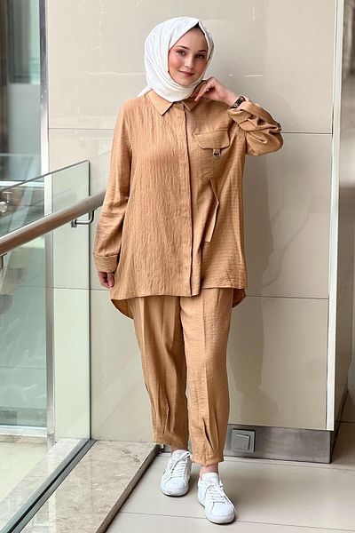 Nuss Pocket Detailed Striped Shirt Pants Set with Sleeve Epaulettes