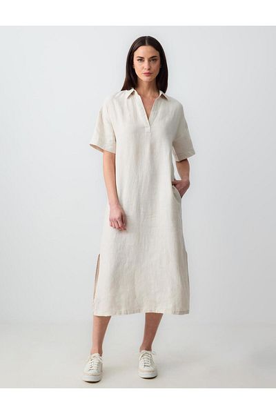 Jimmy Key Stone 100% in rochie midi cu mânecă scurtă, cu decolteu, cu mânecă scurtă