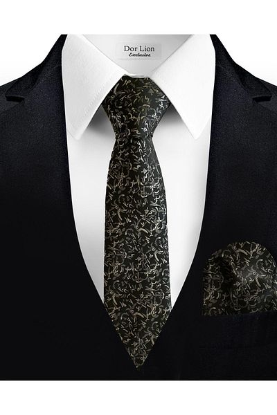 Dor Lion White Patterned Tie and Handkerchief - 7 cm