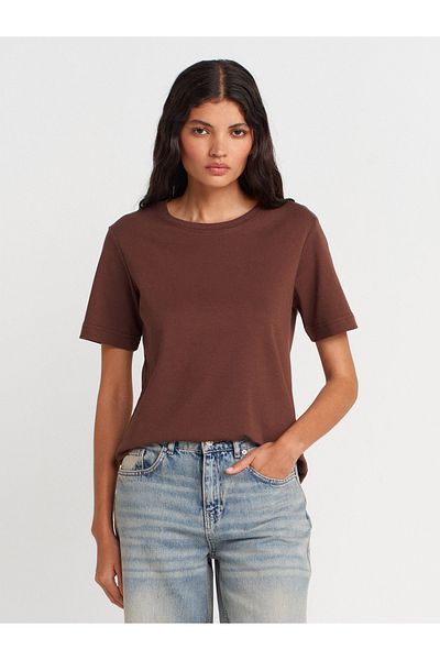 Dilvin 31763 Crew Neck T-Shirt-Light Brown