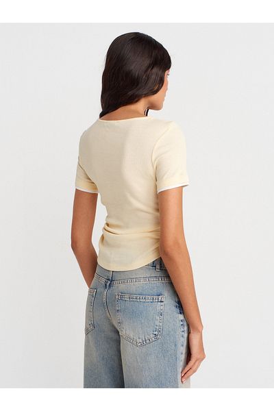 Dilvin 31816 Double Layer Gathered T-Shirt-Light Yellow