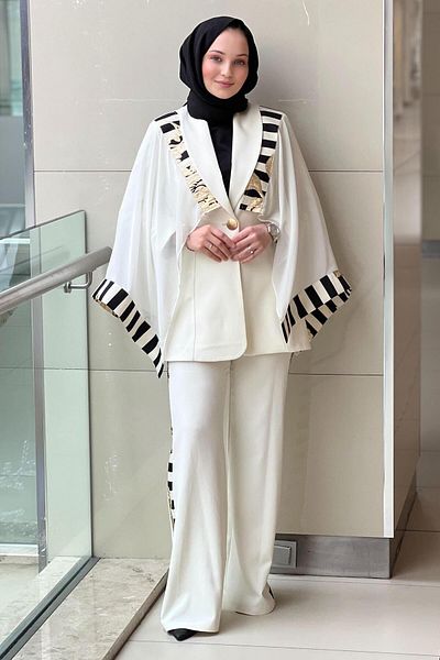 MİANOTTE Mianotte Gold Embossed Floral Piyona Pattern Jacket Pants Set