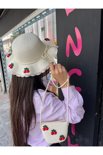 PONÇİK ACCESSORİES Girl's Straw Hat Fedora Hat Bag Set with Cherry Figure for Ages 2-6
