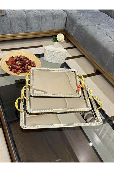 aljahwari 3-piece serving tray set, nickel color