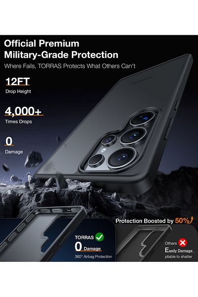 TORRAS Military-Grade Protective Shockproof Case For S24 Ultra, Slim, Hard Semi Matte Back, Soft Edge Black