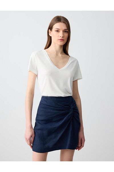 Jimmy Key Navy Blue 100% Linen Normal Waist Mini Skirt with Shirring Detail